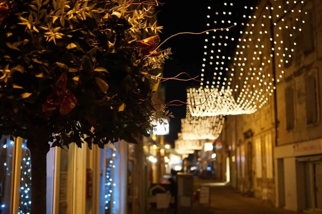 Saintes at night. French towns at Christmas time.