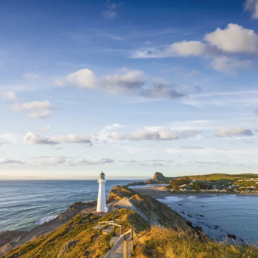 Castlepoint Lighthouse, Wairarapa, New Zealand, at sunrise.