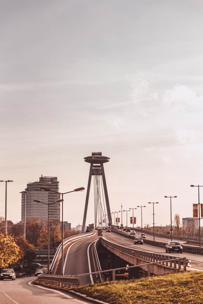 The UFO Bridge is an iconic sight in Bratislava, Slovakia